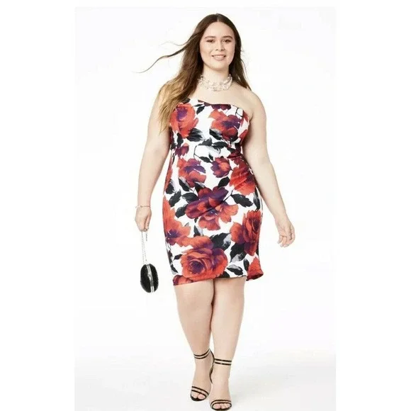 B.Darlin Junior's Sheath Dress Red Multi Plus Size 20X Strapless Floral-Print - Picture 1 of 10